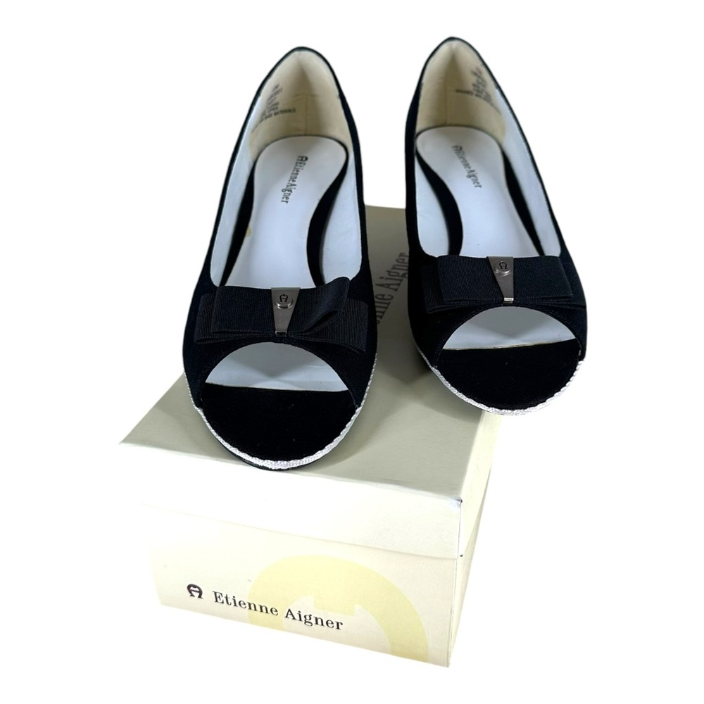 Etienne Aigner Women’s 10 Black Linen Wedge Peep Toe Heels Digit Casual Y2K VTG - Picture 3 of 12